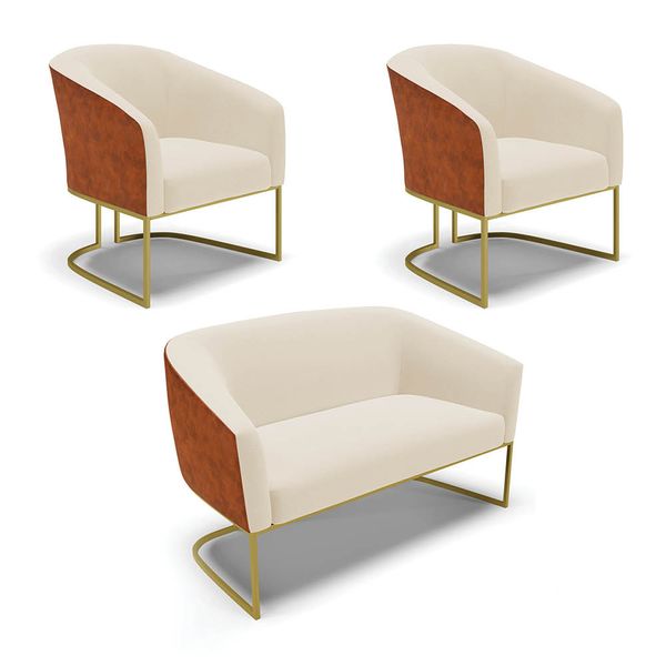 Namoradeira e 2 Poltronas Industrial Dourado Stella Noz/Linho Bege D03 - D'Rossi