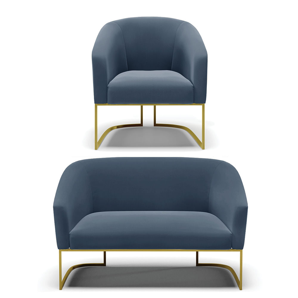 Sofá Namoradeira e Poltrona Industrial Dourado Stella Suede Azul M D03 - D'Rossi