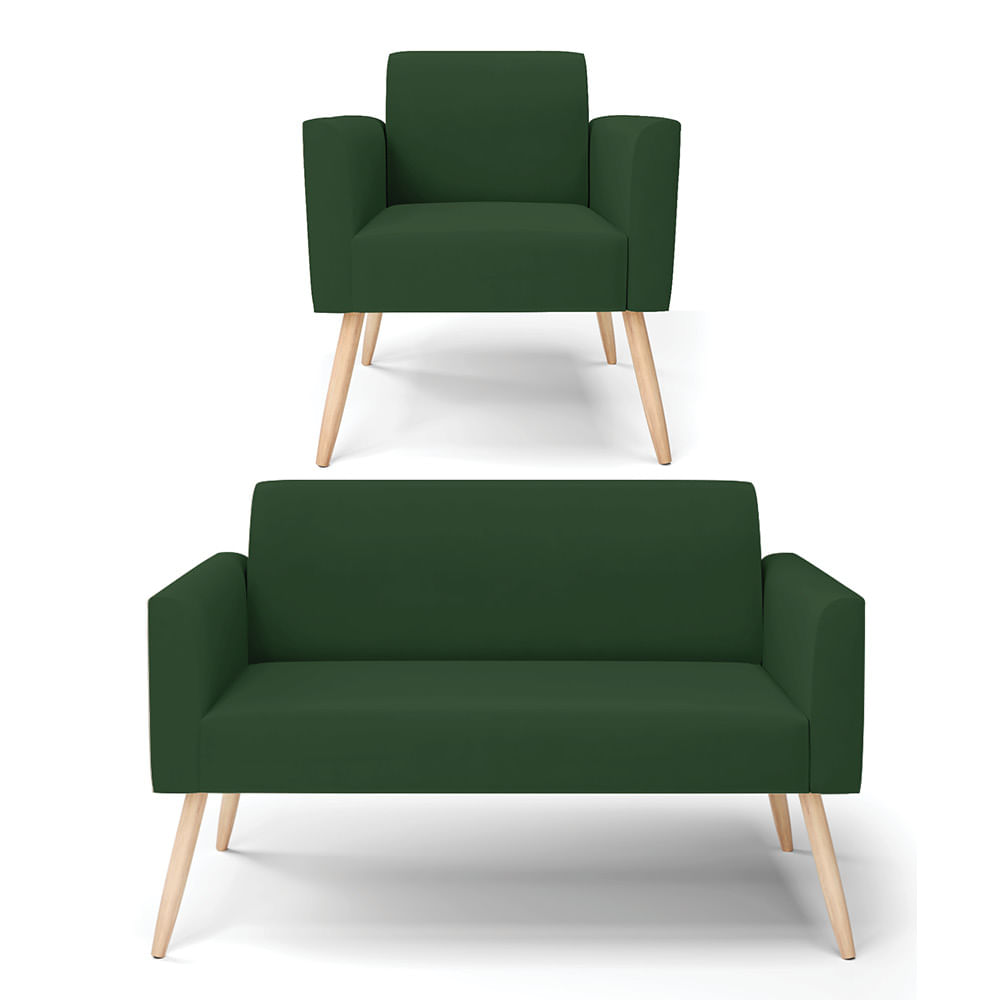 Sofá Namoradeira com Poltrona Pés Palito Natural Marisa Veludo Verde D03 - D'Rossi