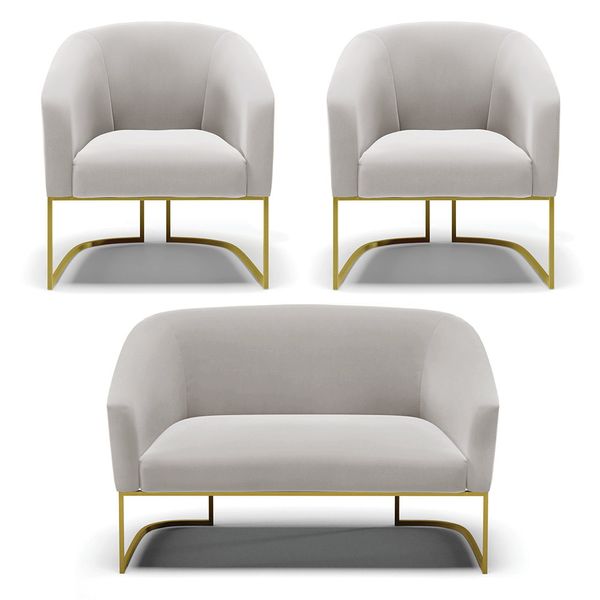 Namoradeira e 2 Poltronas Industrial Dourado Stella Veludo Cinza D03 - D'Rossi