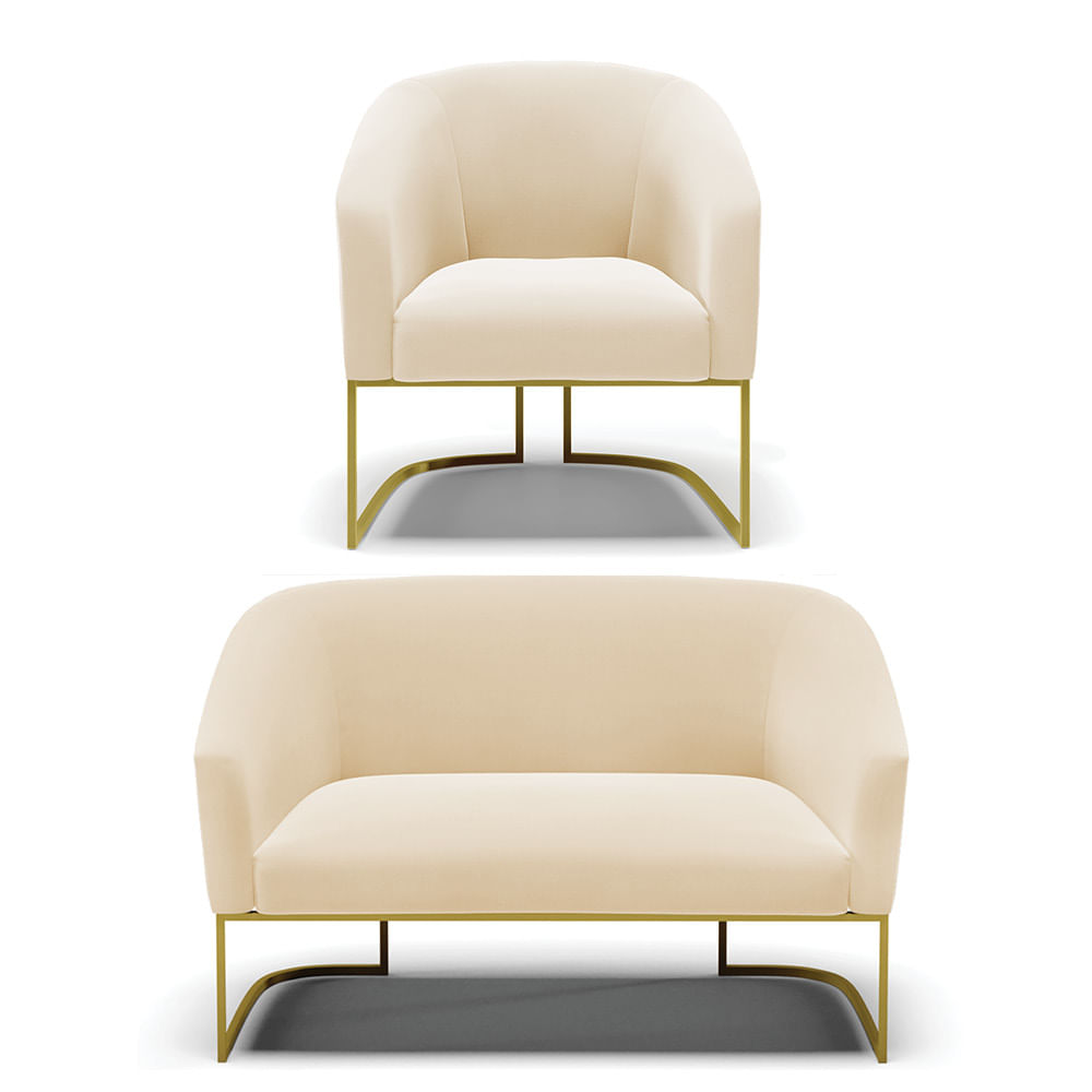 Sof Namoradeira e Poltrona Industrial Dourado Stella Suede Bege D03 - D'Rossi