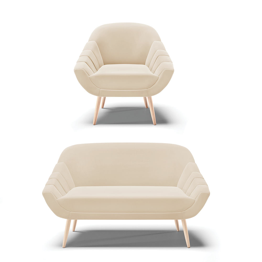 Kit 01 Namoradeira 02 Lugares e 01 Poltrona Giovana Suede Bege Ps Palito Natural - D'Rossi