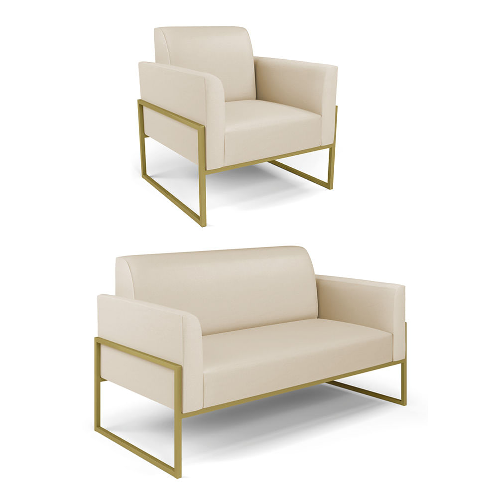 Sof  Namoradeira com Poltrona Base Industrial Alta Dourado Marisa Corino Bege D03 - D'Rossi