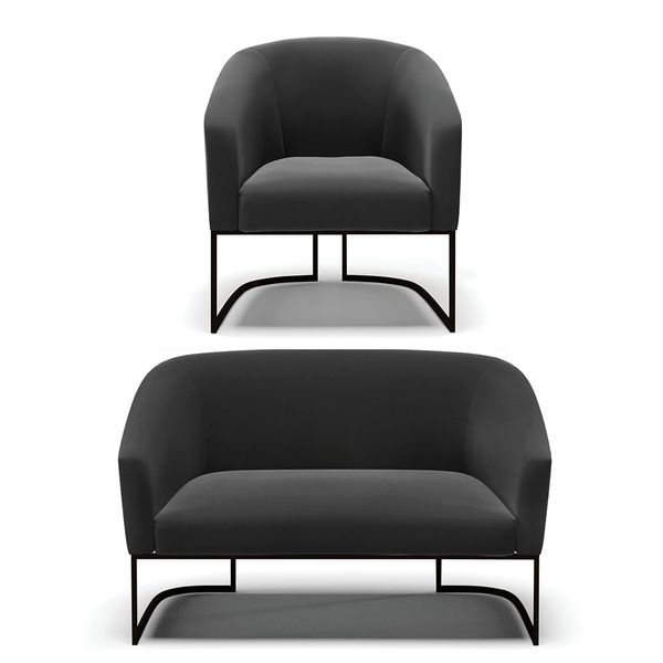 Sofá Namoradeira e Poltrona Base Industrial Preto Stella Suede Preto D03 - D'Rossi