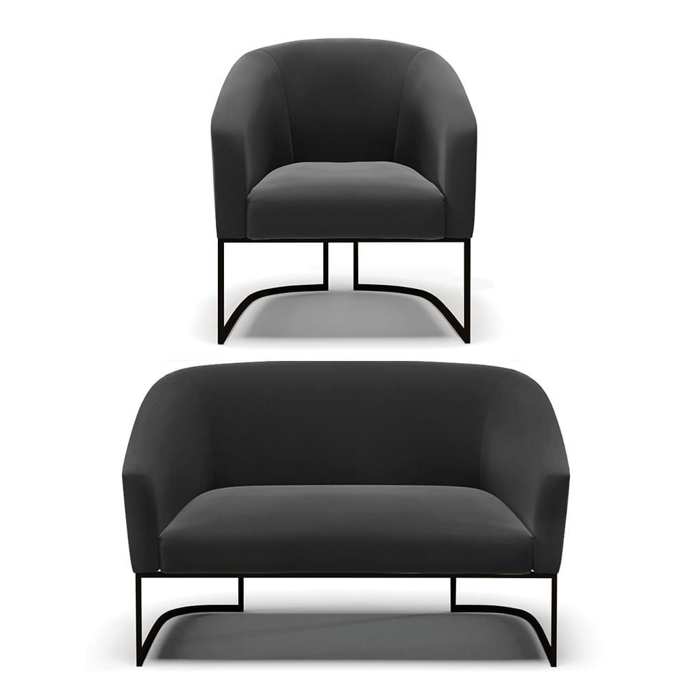 Sofá Namoradeira e Poltrona Base Industrial Preto Stella Suede Preto D03 - D'Rossi