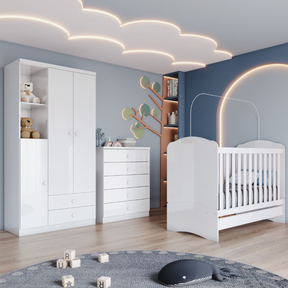 Quarto Infantil Completo 3 Peças Guarda Roupa Berço e Cômoda Bala de Menta Henn - Branco