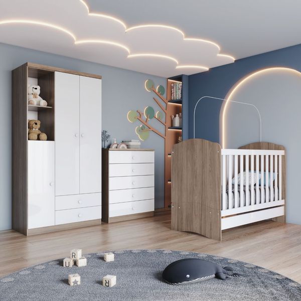 Quarto Infantil Completo 3 Peças Guarda Roupa Berço e Cômoda Bala de Menta Henn Rustico/Branco