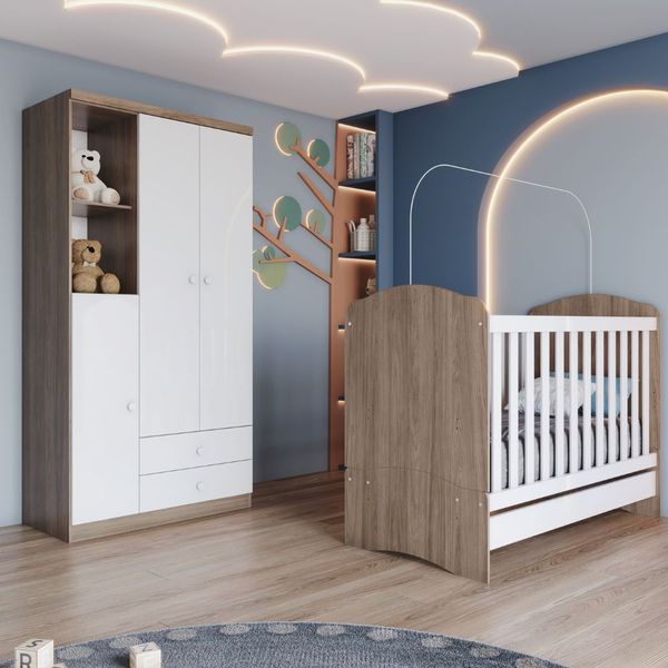 Quarto Infantil 2 Peças Guarda Roupa e Berço Bala de Menta Henn Rustico/Branco