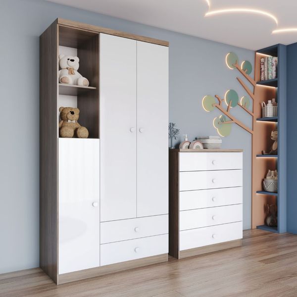 Quarto Infantil 2 Peças Guarda Roupa e Cômoda Bala de Menta Henn
