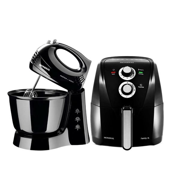 Kit Air Fryer Mondial 4L 1500W e Batedeira Mondial Pratica 3,6L 400W | Preto (127 V)