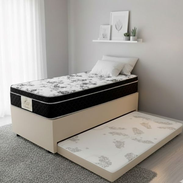 Conjunto Box Baú Solteiro com Cama Auxiliar e Colchão Gazin Molas Bonnel | Bege/Preto