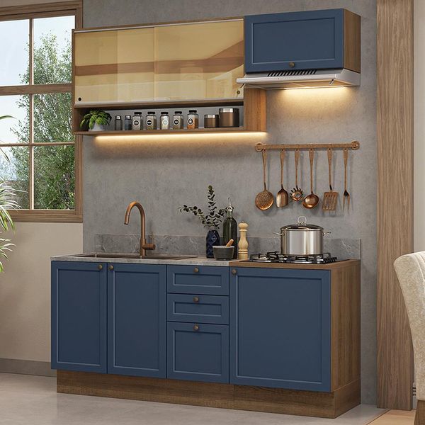 Armário de Cozinha Completa 180 cm Rustic/Azul Vik Madesa 05 Azul-escuro