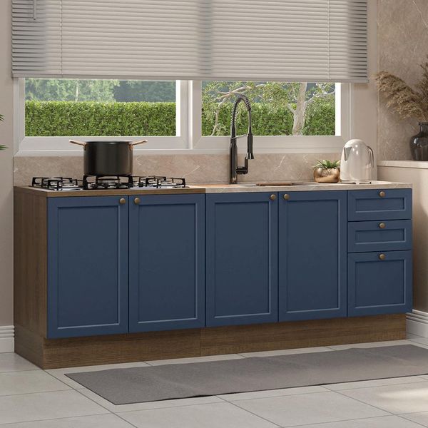 Kit com 2 Balcões de Cozinha 3 Gavetas 4 Portas (Sem Tampo e Pia) Rustic/Azul Vik Madesa 01 Azul-escuro