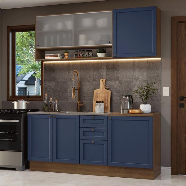 Armário de Cozinha Compacta 180 cm Rustic/Azul Vik Madesa 03 Azul-escuro