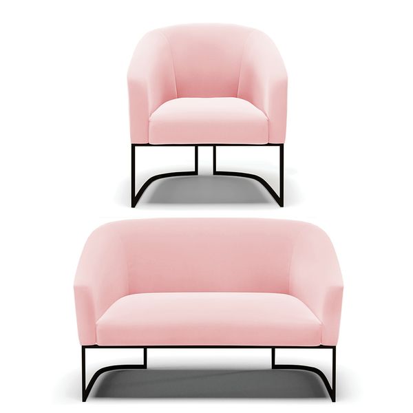 Sofá Namoradeira e Poltrona Base Industrial Preto Stella Suede D03 - D'Rossi Rosa Bebê