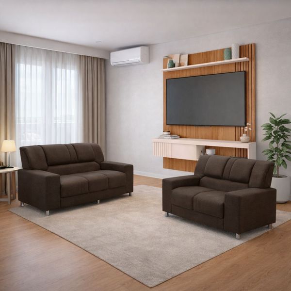 Conjunto Sofá 2 e 3 Lugares Sandero e Painel Para TV 55'' Esmeralda Caemmun Marrom/Freijo/Off White