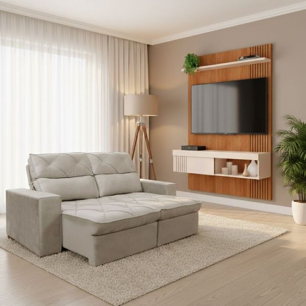 Conjunto Sofá Retrátil 3 Lugares Cheer Solar e Painel Para TV 45'' Jade Caemmun | Bege/Freijo/Off White