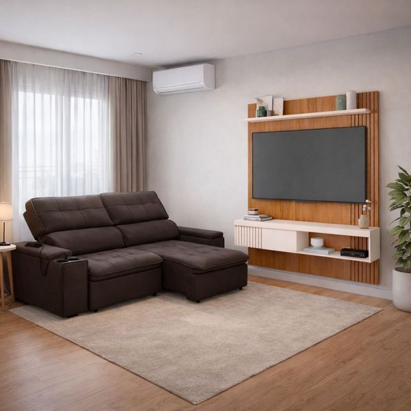 Conjunto Sofá Retrátil 3 Lugares Genebra Ferguile e Painel Para TV 55" Esmeralda Caemmun | Cafe/Freijo/Off White