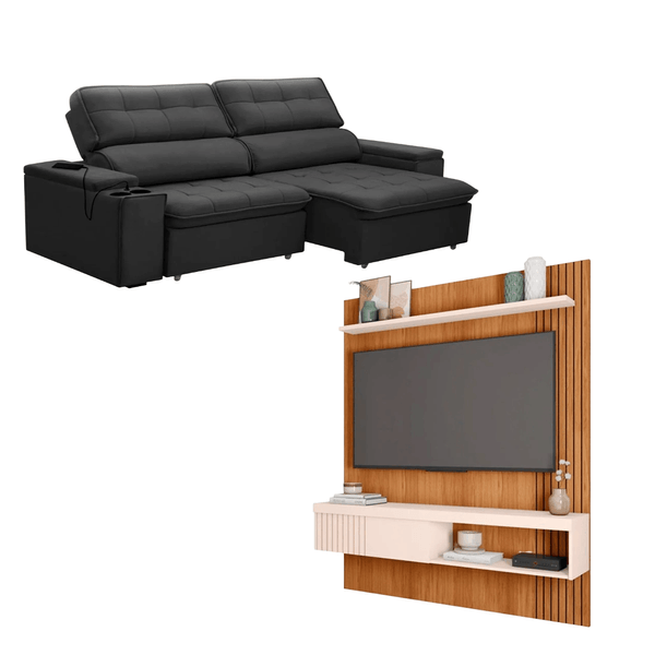 Conjunto Sofá Retrátil 3 Lugares Genebra Ferguile e Painel Para TV 55" Esmeralda Caemmun | Grafite/Freijo/Off White