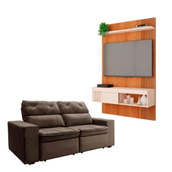 Conjunto Sofá Retrátil 3 Lugares Cheer Solar e Painel Para TV 45'' Jade Caemmun | Marrom/Freijo/Off White