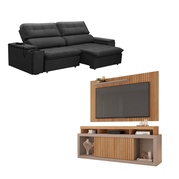 Conjunto Sofá Retrátil 3 Lugares Genebra Ferguile e Rack com Painel Para TV 65" New Oscar Caemmun | Grafite/Buriti/Fendi