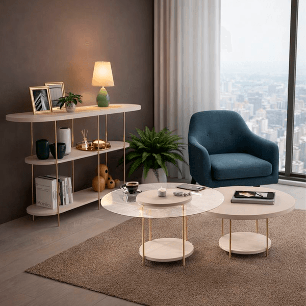 Conjunto Aparador Infinity com Mesa de Centro Sky e Mesa com Tampo de Vidro HB Móveis | Off White
