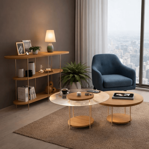 Conjunto Aparador Infinity com Mesa de Centro Sky e Mesa com Tampo de Vidro HB Móveis | Cinamomo