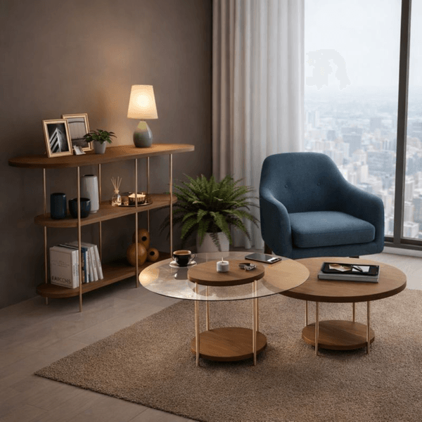 Conjunto Aparador Infinity com Mesa de Centro Sky e Mesa com Tampo de Vidro HB Móveis | Castanho