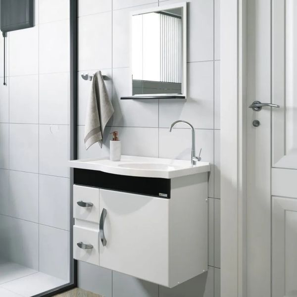 Armário de Banheiro Suspenso com Pia 55,5 cm Rorato Kit Banheiro Rorato Siena Armário Susp Com Pia E Espelho Semi Montado | Branco/Preto (S/V)