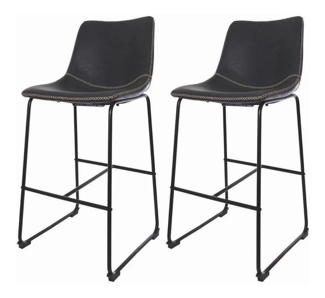 Kit 2 Banquetas Munich Estofadas Pretas com Encosto 74cm