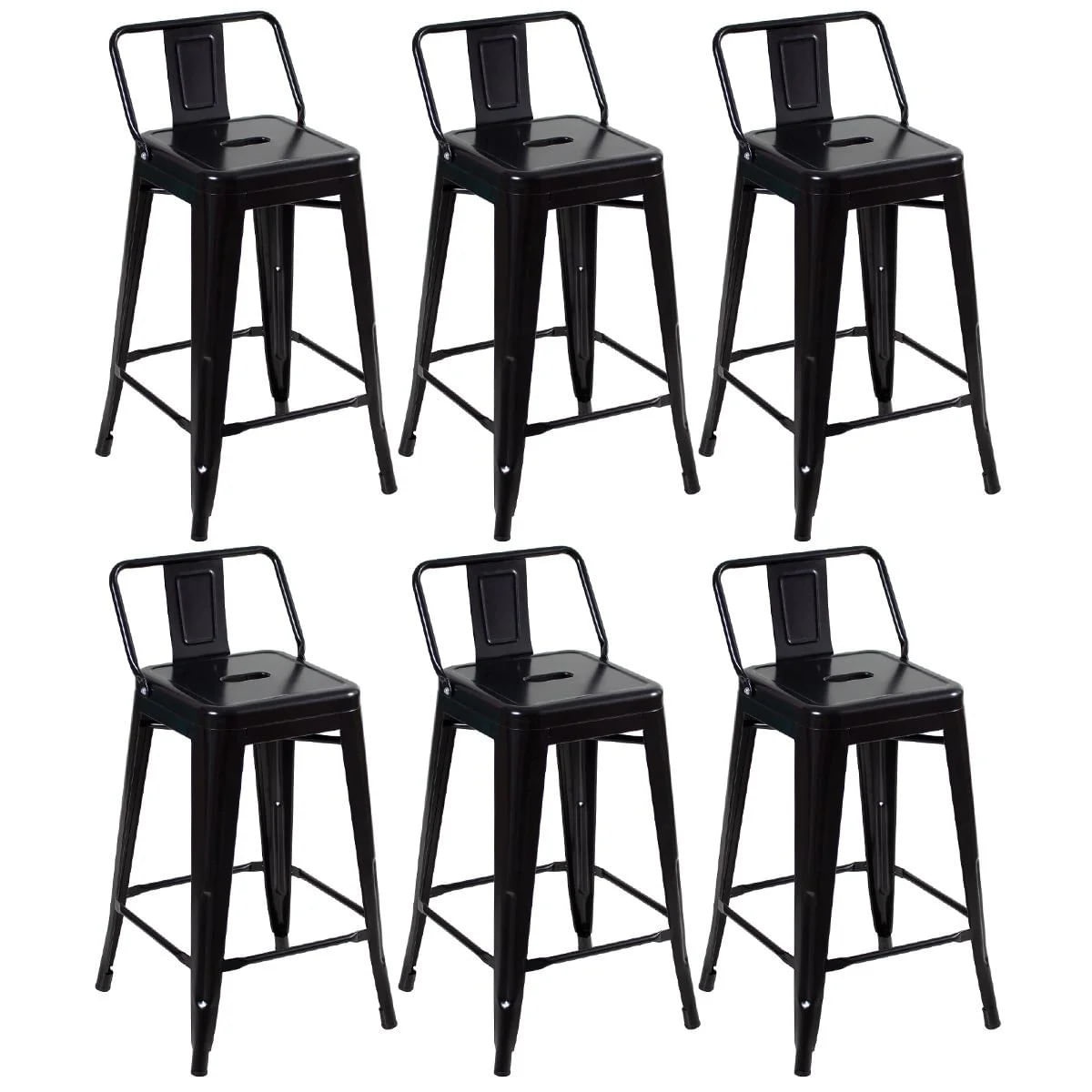 Kit 6 Banquetas Altas Industriais Pretas em Aço com Encosto
