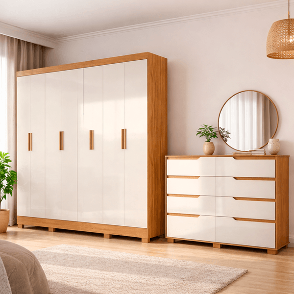 Guarda Roupa e Cômoda Moval Diplomata 2 Peças 8 Portas 8 Gavetas | Freijo/Off White