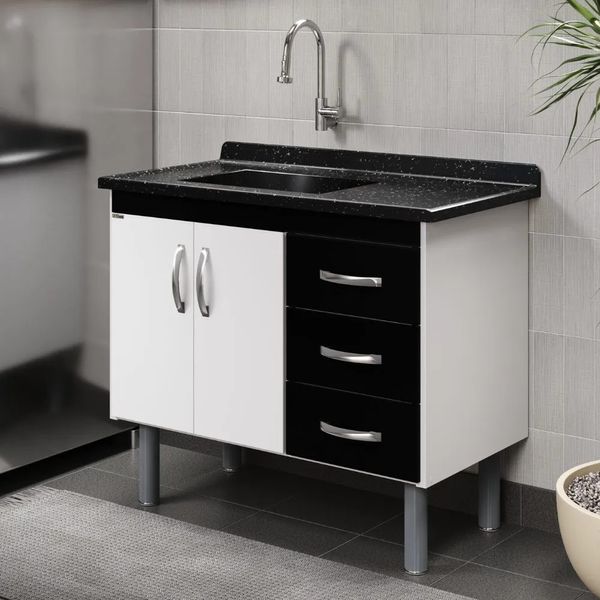 Balcão de Cozinha 95,2 cm 2 Portas 3 Gavetas Sem Tampo Rorato Tóquio | Branco/Preto