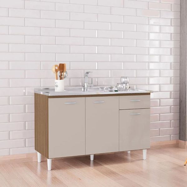 Balcão de Cozinha 120 cm 3 Portas 1 Gaveta Poquema | Castanho/Off White