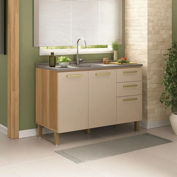 Balcão de Cozinha 120 cm 3 Portas 2 Gavetas sem Tampo Luciane | Carvalho/Cinammon