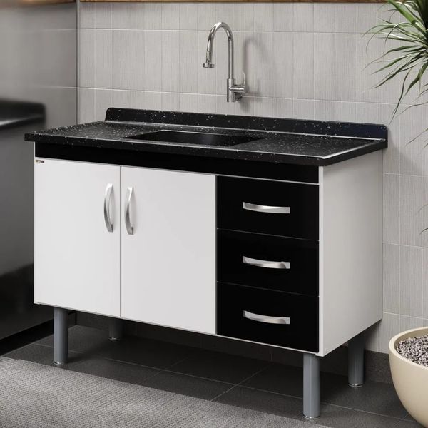 Balcão de Cozinha 116,2 cm 2 Portas 3 Gavetas sem Tampo Rorato Tóquio | Branco/Preto