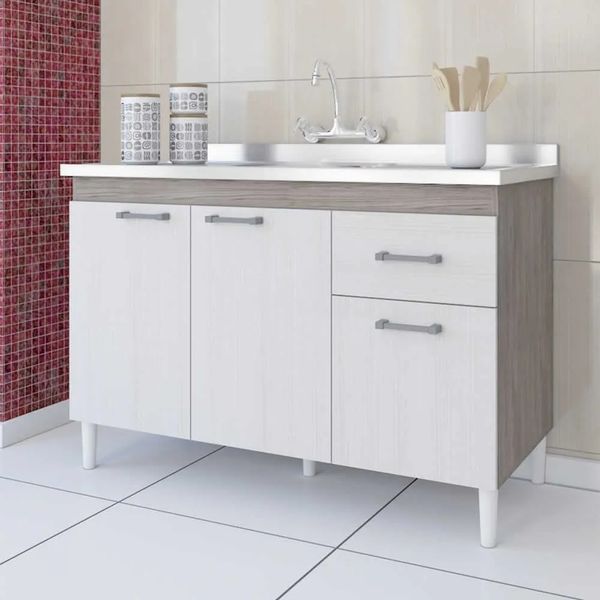 Balcão de Cozinha 120 cm 3 Portas 1 Gaveta sem Tampo Indekes | Nogal/Salina