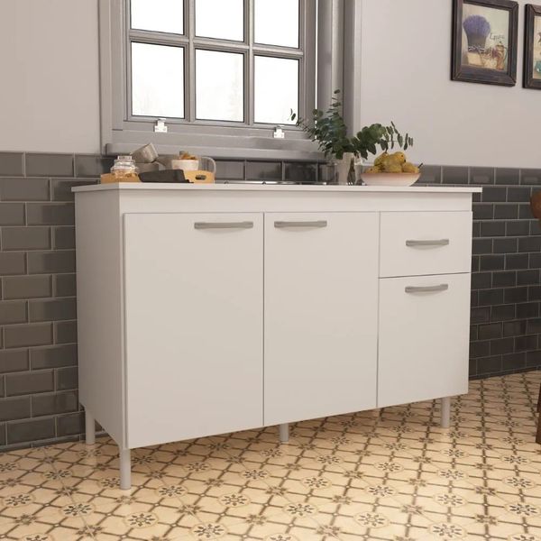 Balcão de Cozinha 120 cm 3 Portas 1 Gaveta sem Tampo Indekes | Branco