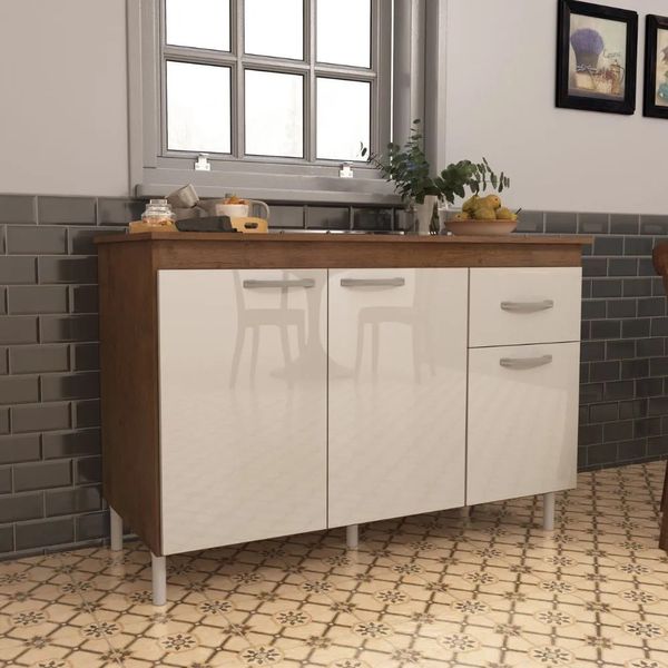 Balcão de Cozinha 120 cm 3 Portas 1 Gaveta sem Tampo Indekes | Noce/Off