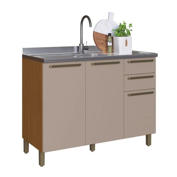 Balcão de Cozinha 120 cm 2 Portas 3 Gavetas sem Tampo Indekes Imperial | Freijo/Camurça