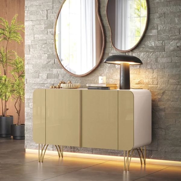Balcão Buffet 110 cm 2 Portas com Tampo HB Móveis Benvenuto | Off White/Champanhe