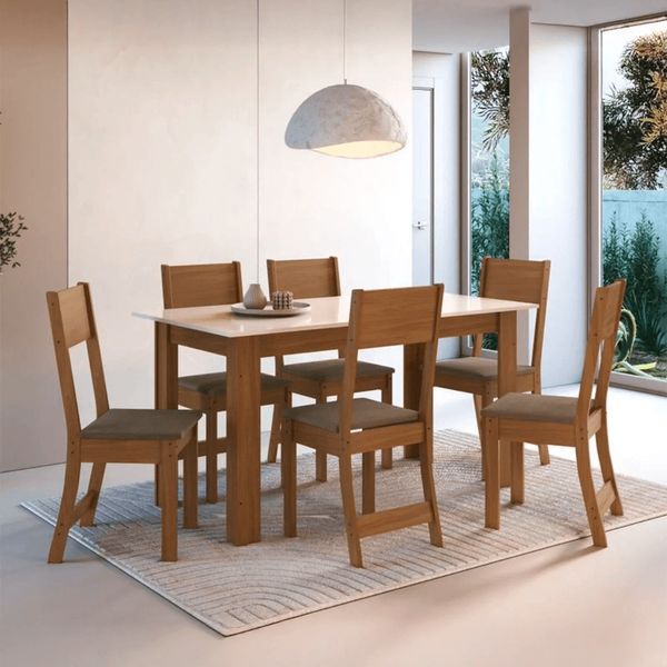Conjunto Mesa de Jantar 76cm x 150cm 6 Cadeiras Indekes | Freijo/Off White/Cacau