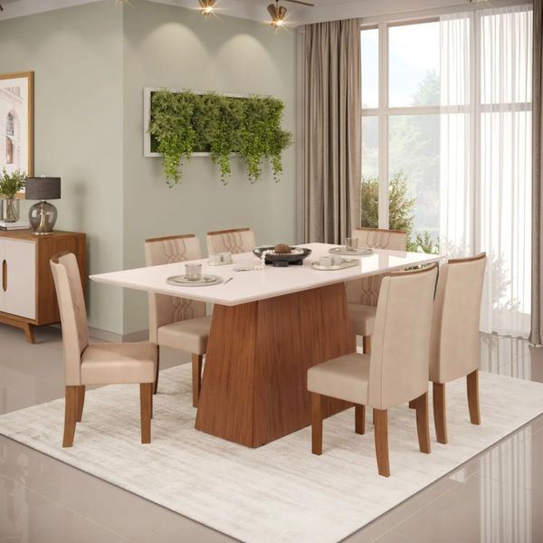 Conjunto Mesa de Jantar 80cm x 180cm 6 Cadeiras DJ Móveis | Freijo/Off White/Bege