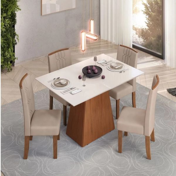 Conjunto Mesa de Jantar 80cmx120cm 4 Cadeiras DJ Móveis | Freijo/Off White/Bege