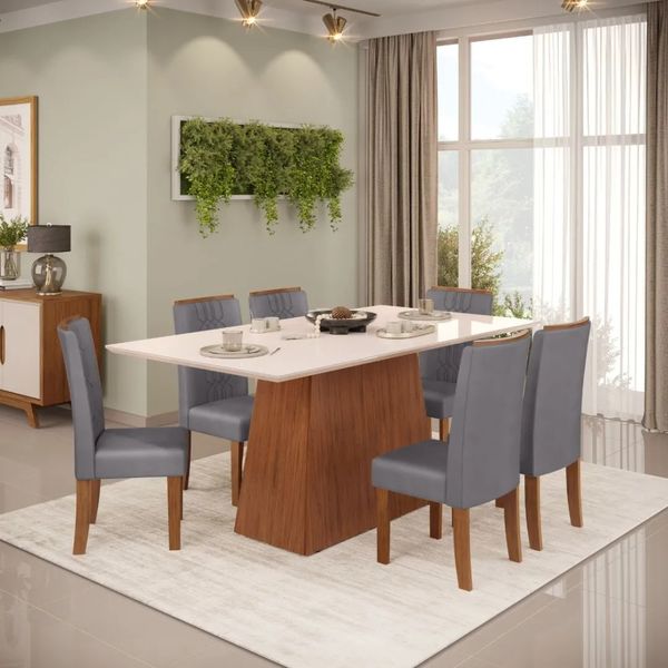 Conjunto Mesa de Jantar 80cm x 180cm 6 Cadeiras DJ Móveis | Freijo/Off White/Cinza