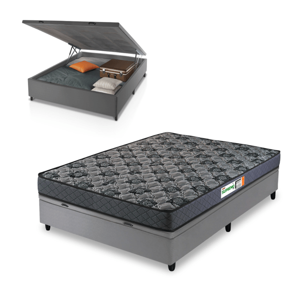 Conjunto Base Box Baú Casal Prince Sued com Colchão Supremo Hellen D33 138x188 | Cinza
