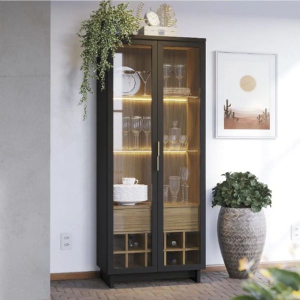 Cristaleira 2 Portas 1 Gavetas Adega 10 garrafas com LED Colibri Guanabara Cristaleira Colibri Guanabara Com 2 Portas E 1 Gaveta | Noce Milano/Preto Fosco (S/V)