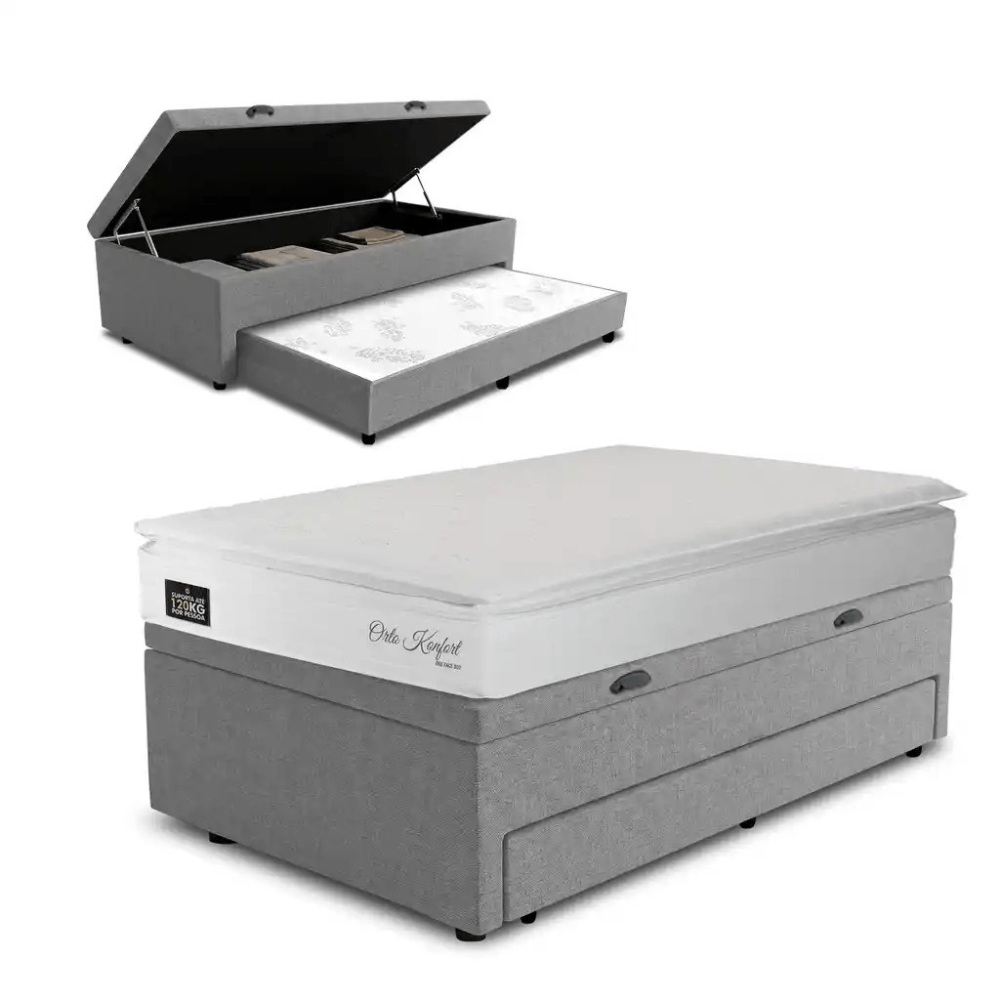 Conjunto Base Box Baú Solteiro Prince com Cama Auxiliar e Colchão Hellen Confort D33 88x188x75