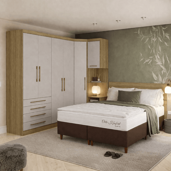Conjunto Quarto Queen Base Box e Colchão 6 Peças 6 Portas 5 Gavetas Paris Eucamóveis | Avela/Cinammon/Branco/Tabaco
