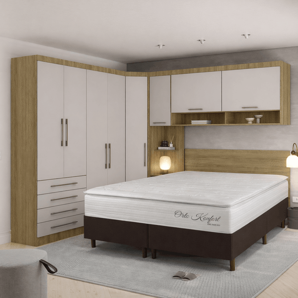 Conjunto Quarto Queen Base Box e Colchão 7 Peças 8 Portas 4 Gavetas Paris Eucamóveis | Avela/Cinammon/Branco/Tabaco